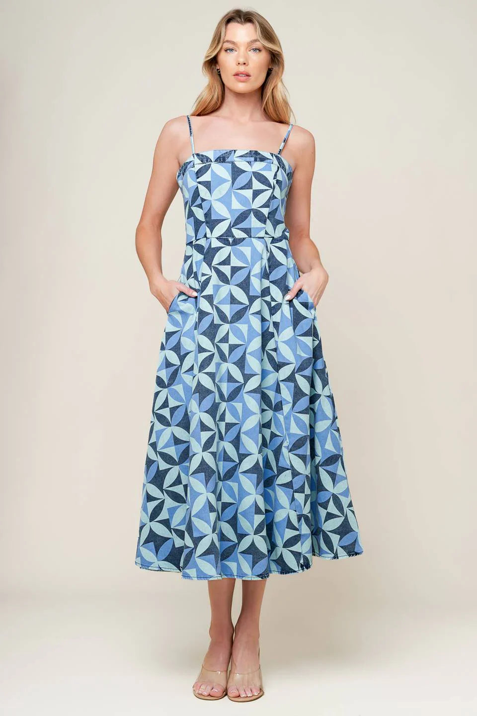 GWENNY GEOMETRIC BLUE DENIM MIDI DRESS
