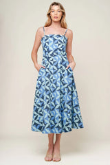 GWENNY GEOMETRIC BLUE DENIM MIDI DRESS