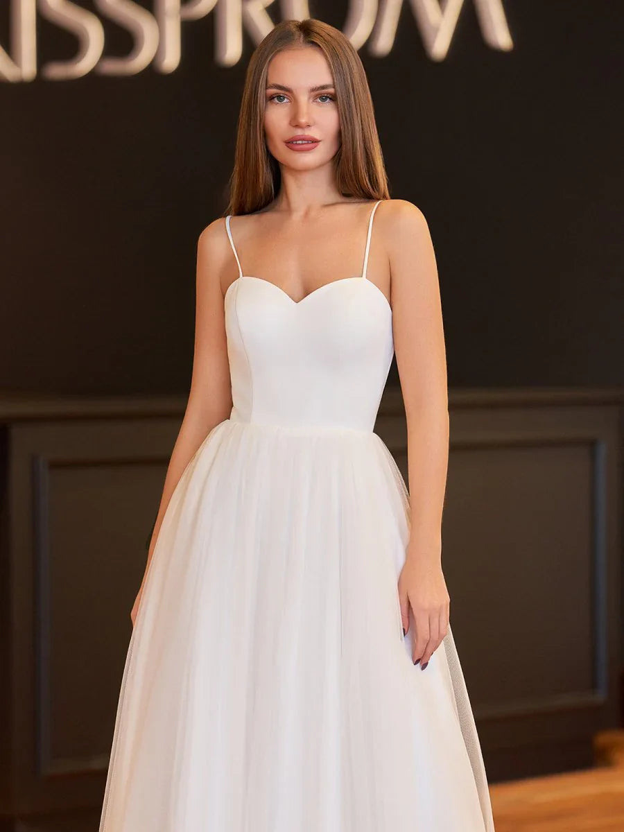 A Line Spaghetti Straps White Satin Tulle Tea Length Wedding Dresses