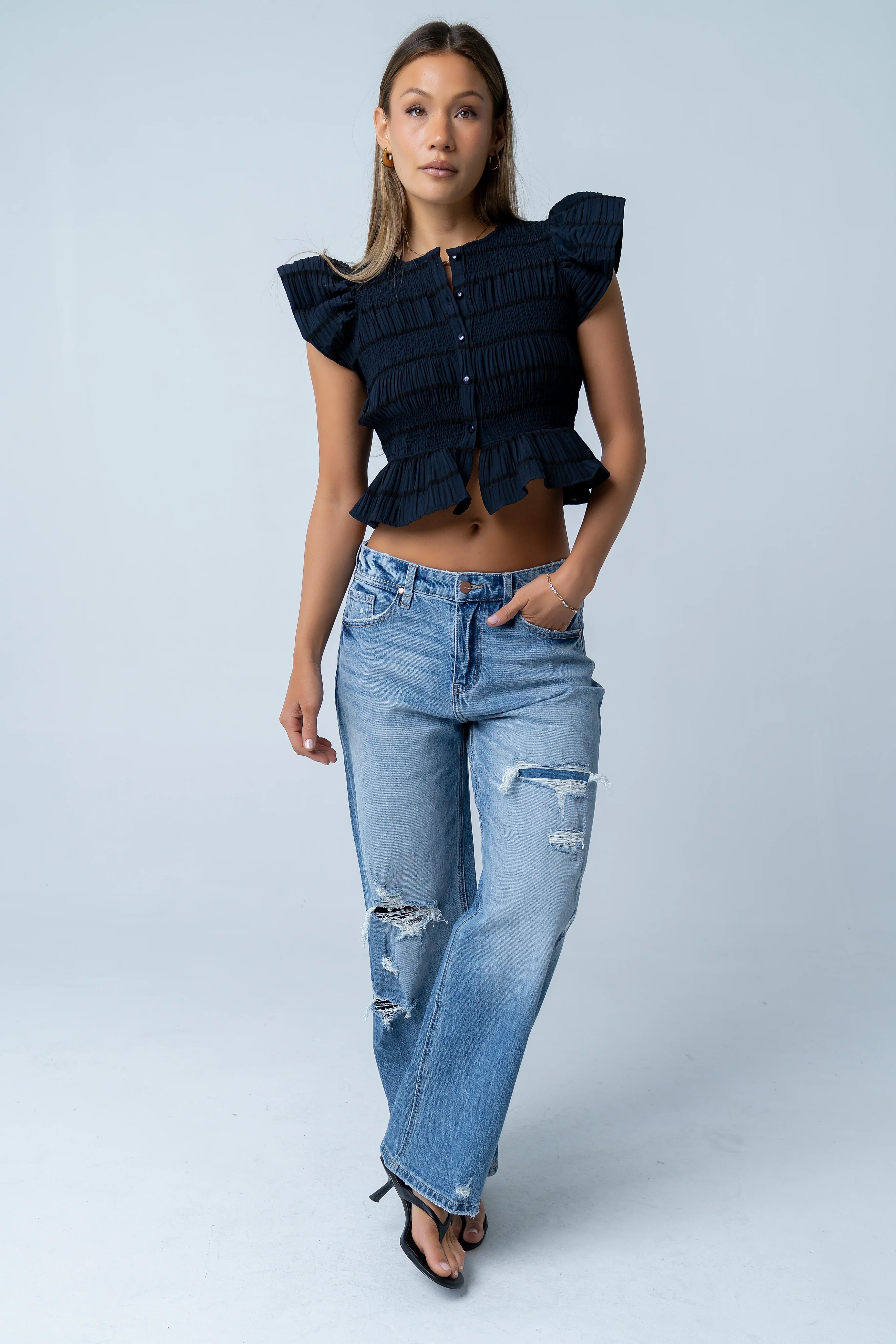Holly Smocked Blouse in Navy