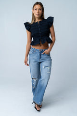 Holly Smocked Blouse in Navy
