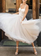 A Line Sweetheart Sleeveless Tulle Tea Length Wedding Dresses With Pleated