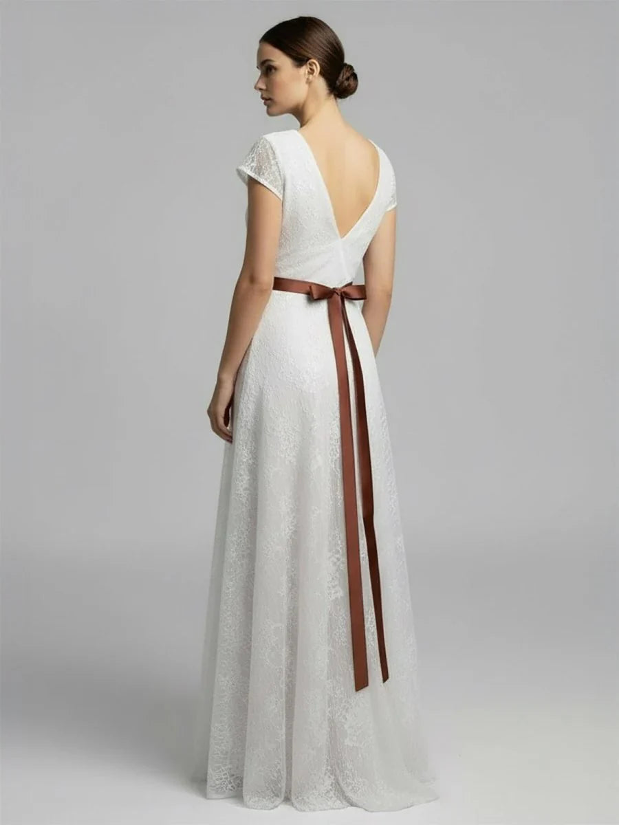 Short Sleeve V neck Pleated Long Lace Wedding Dress