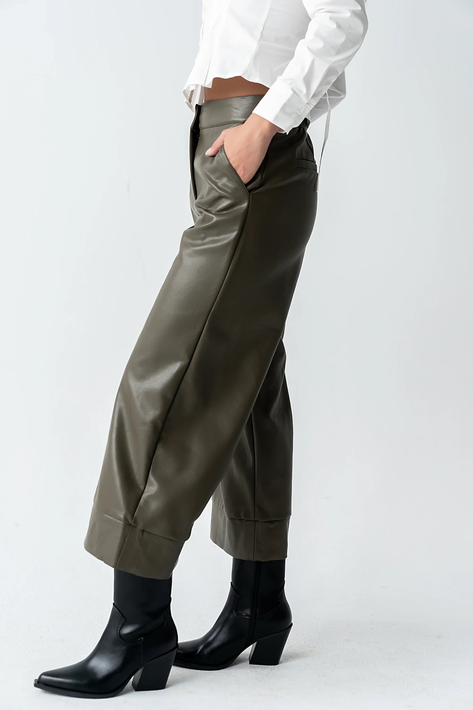 Ulani Vegan Leather Pants in Olive FINAL SALE