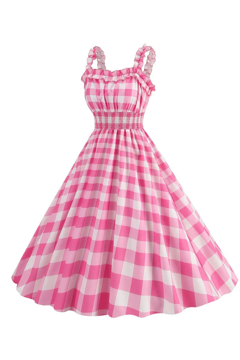 Pink Plaid A Line Smocked 1950s Dress