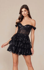 BRENNA MINI DRESS BLACK OFF SHOULDER TIERED SHORT DRESS