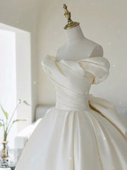 Simple A line Off The Shoulder Satin ivory Long Wedding Dress