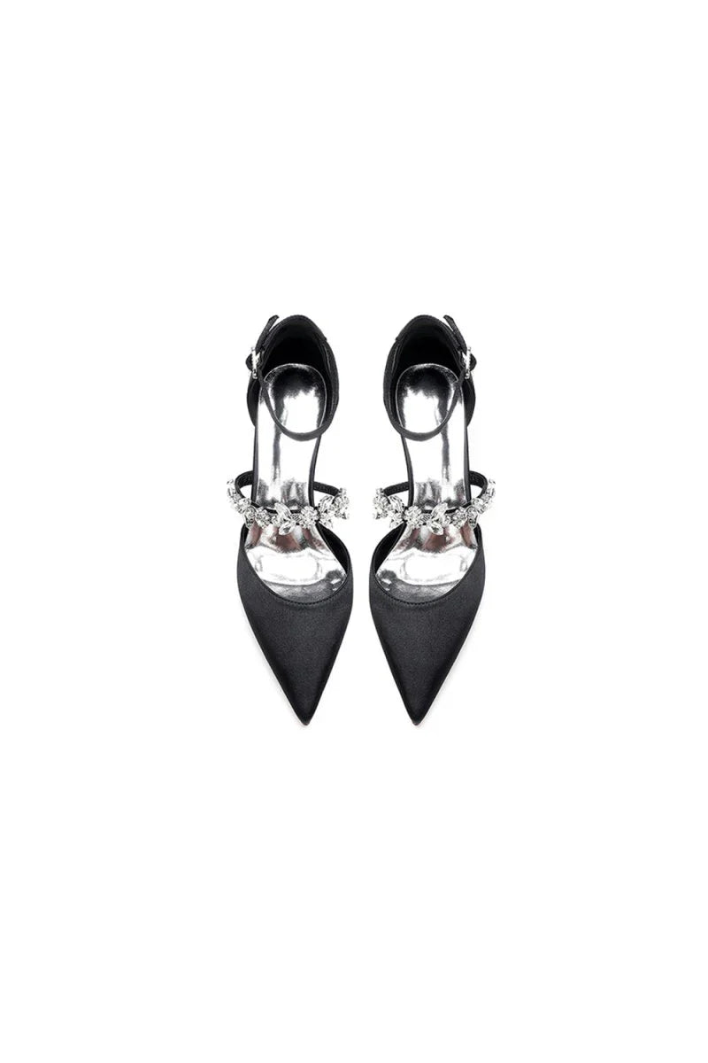 Crystal Strap Pointed Toe Satin Kitten Heels