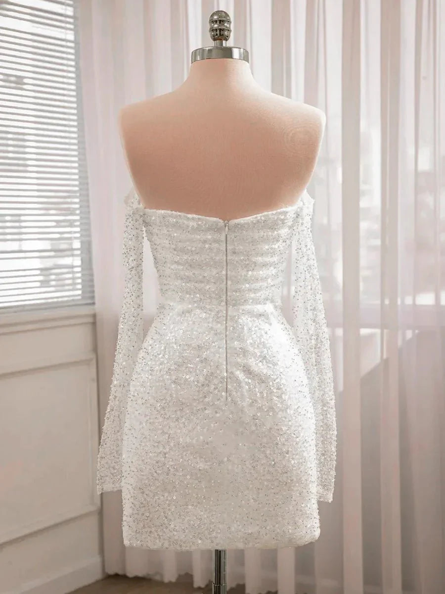 Chic Short Sequined Backless Wedding Dress With Long Detachable Sleeves