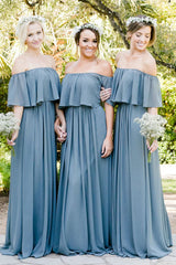 Dusty Blue A Line Off the Shoulder Long Chiffon Boho Bridesmaid Dress