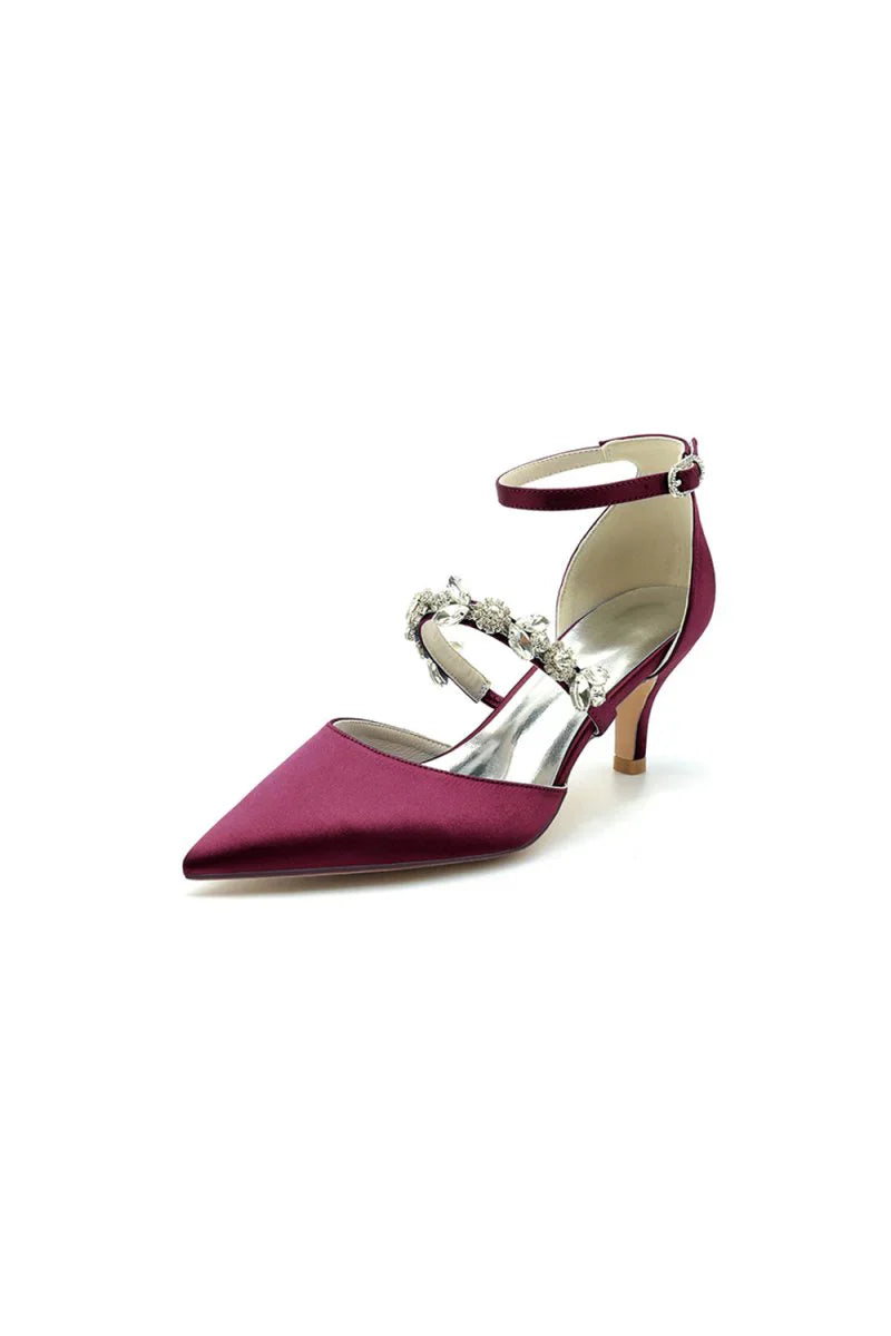 Crystal Strap Pointed Toe Satin Kitten Heels