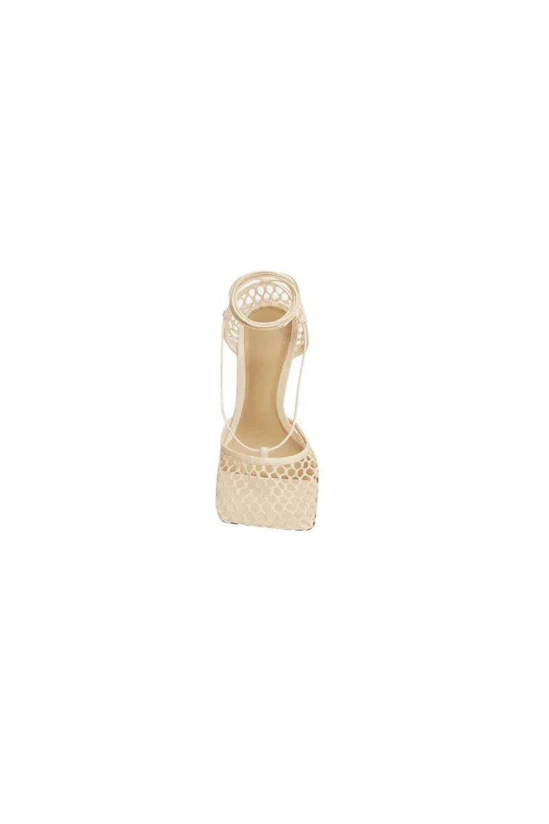 Yellow Stiletto Heel Lace Up Fishnet High Heel Sandals