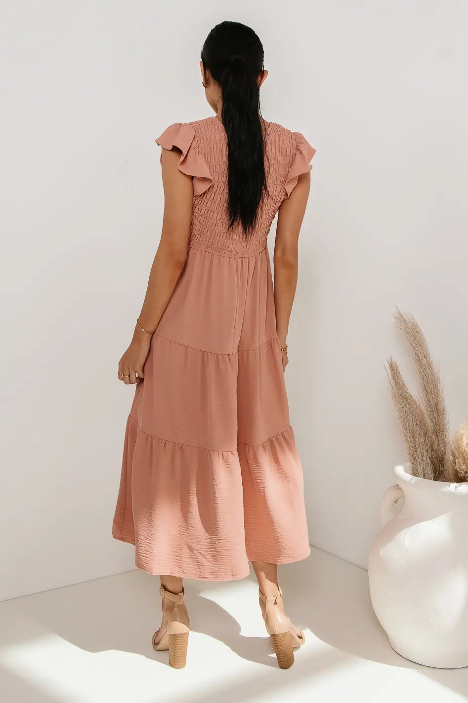 Rain Smocked Midi Dress in Peach FINAL SALE
