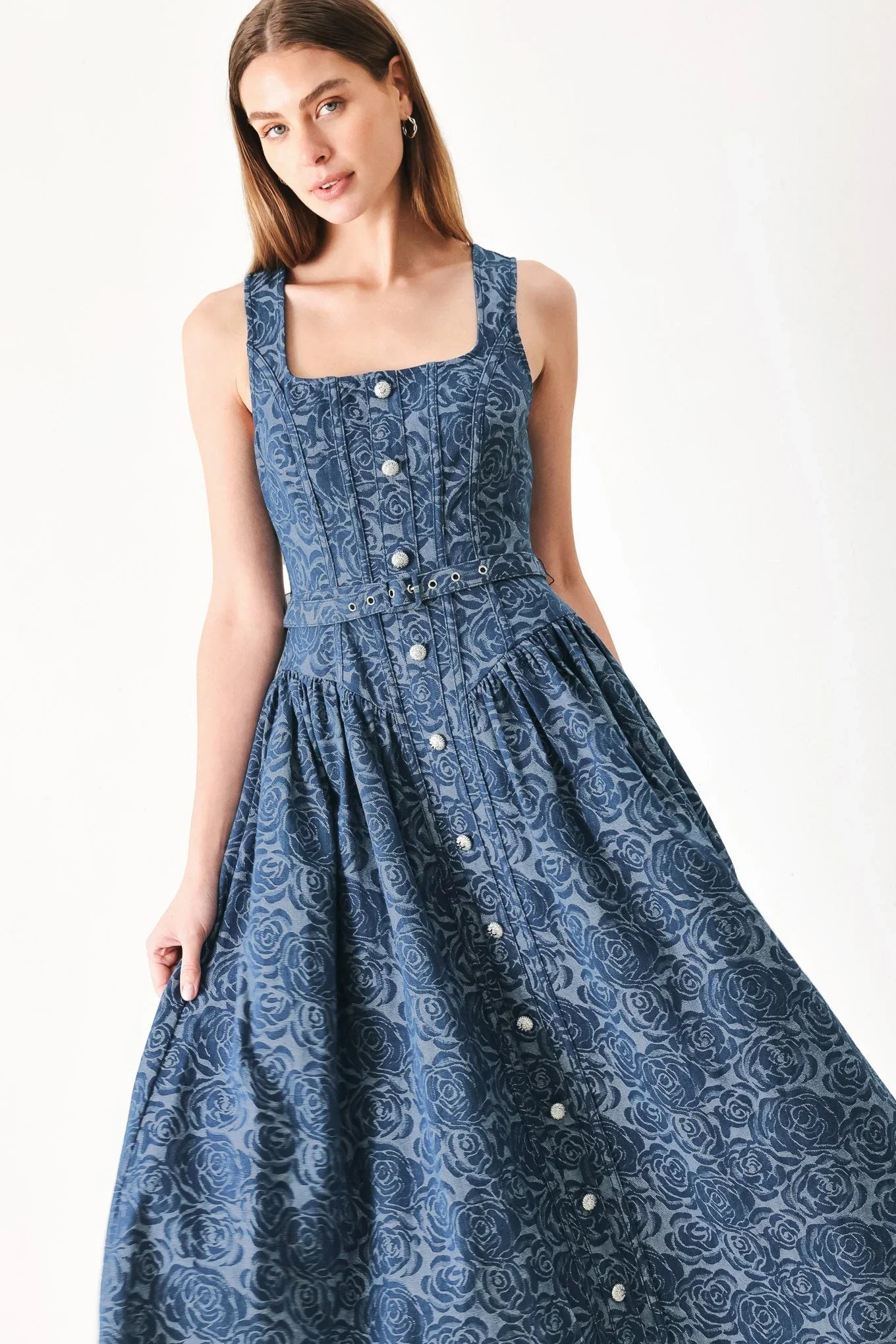 MIDNIGHT GARDEN DENIM MIDI DRESS