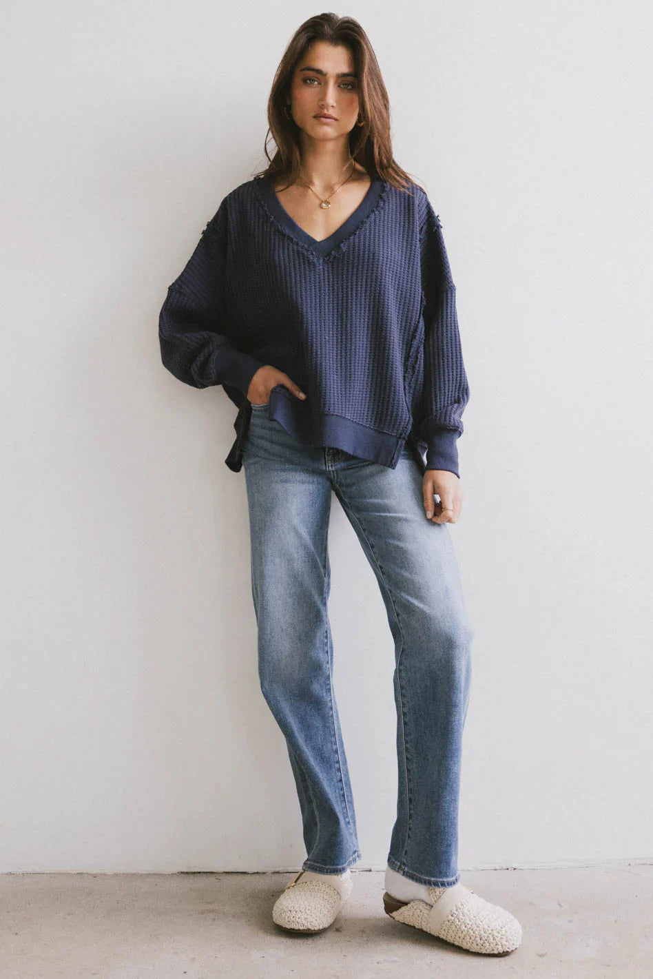 Ellis Waffle Knit Top in Navy FINAL SALE