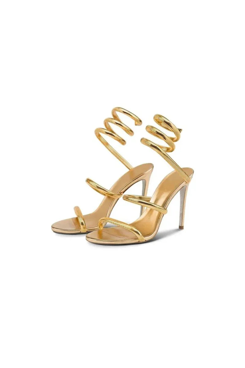 Gold Snake Wrap Open Toe High Heels Sandal