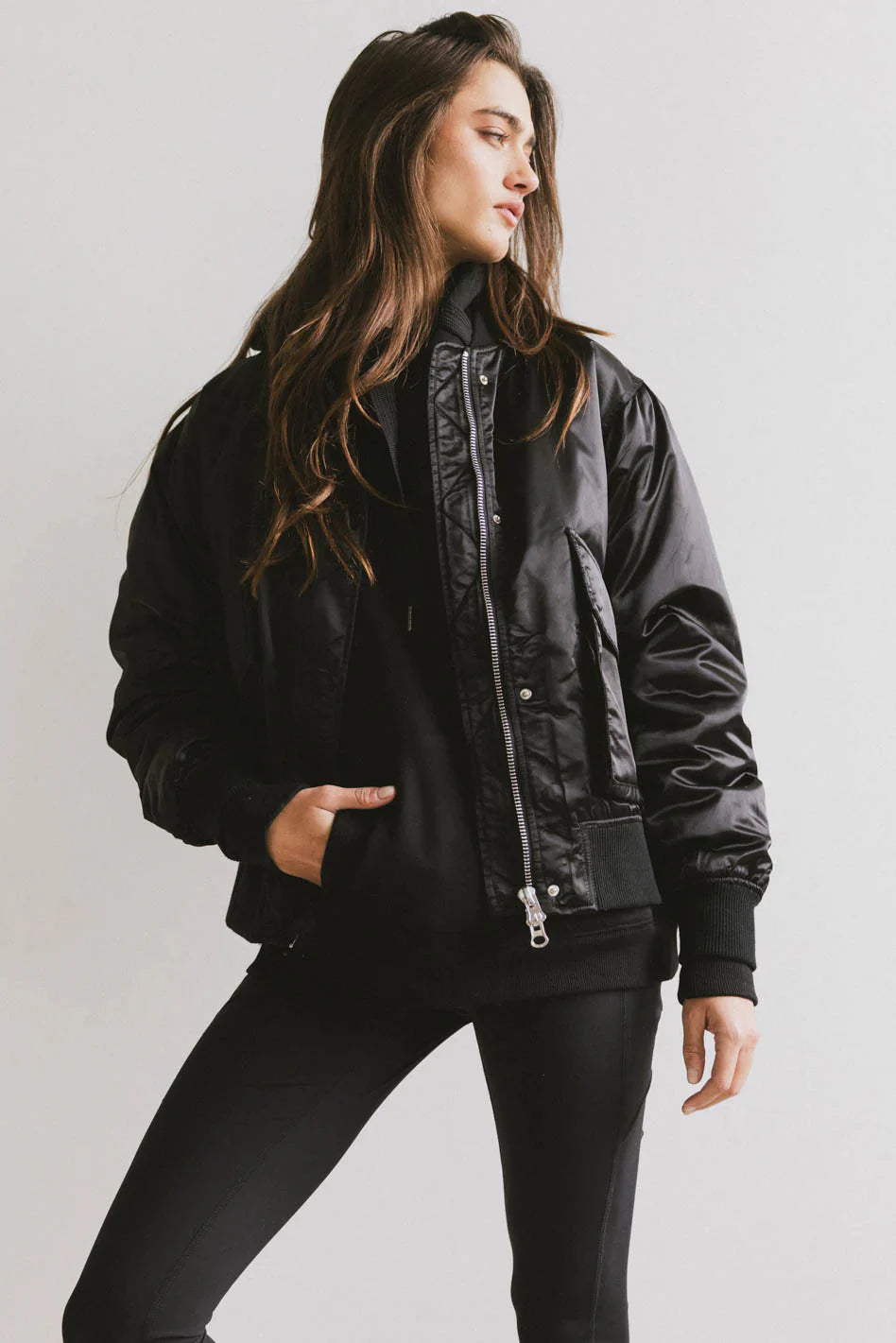 Rylee Satin Bomber Jacket in Black FINAL SALE