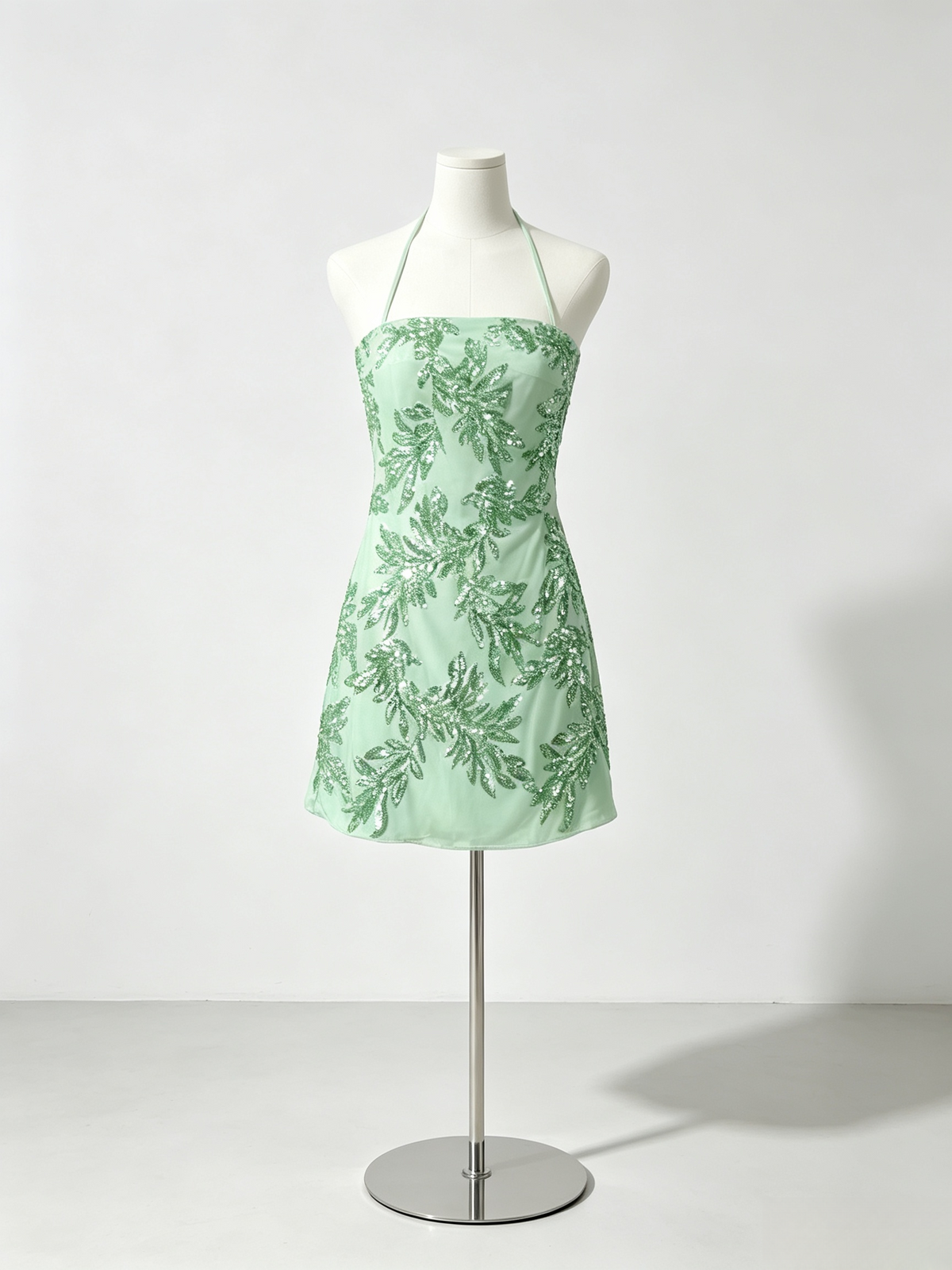 Halter Green Leaf Sequin Mini Bodycon Dress