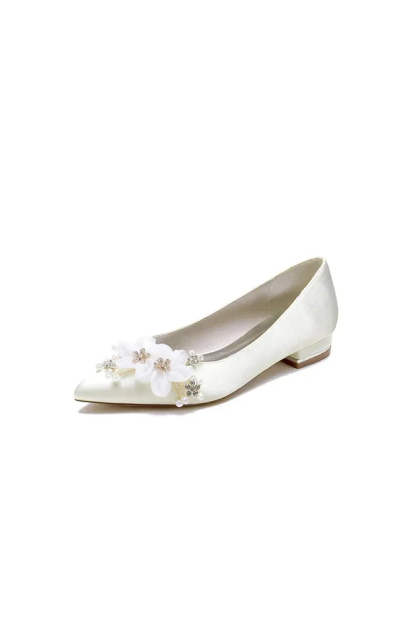 Satin Champagne Flats with Delicate Flower Embellishments