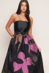 ABSTRACT ROSE BLACK MIDI DRESS