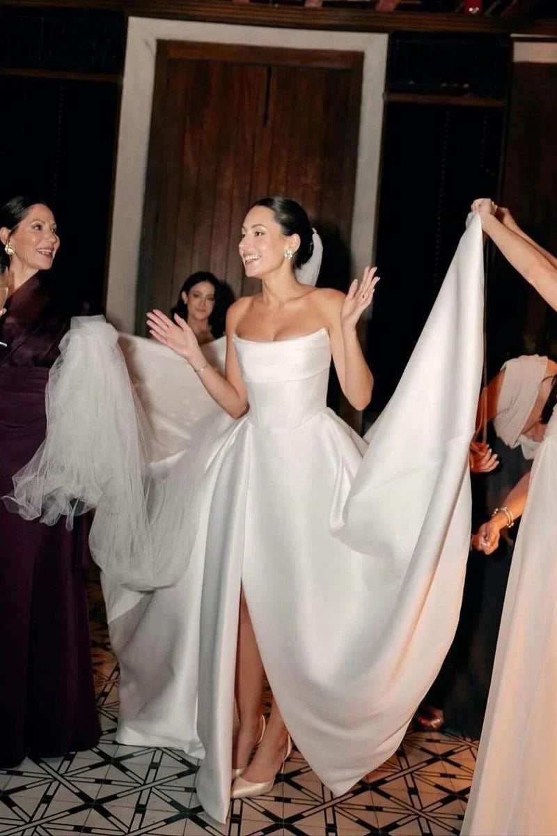 White Strapless Satin A Line Wedding Dresses