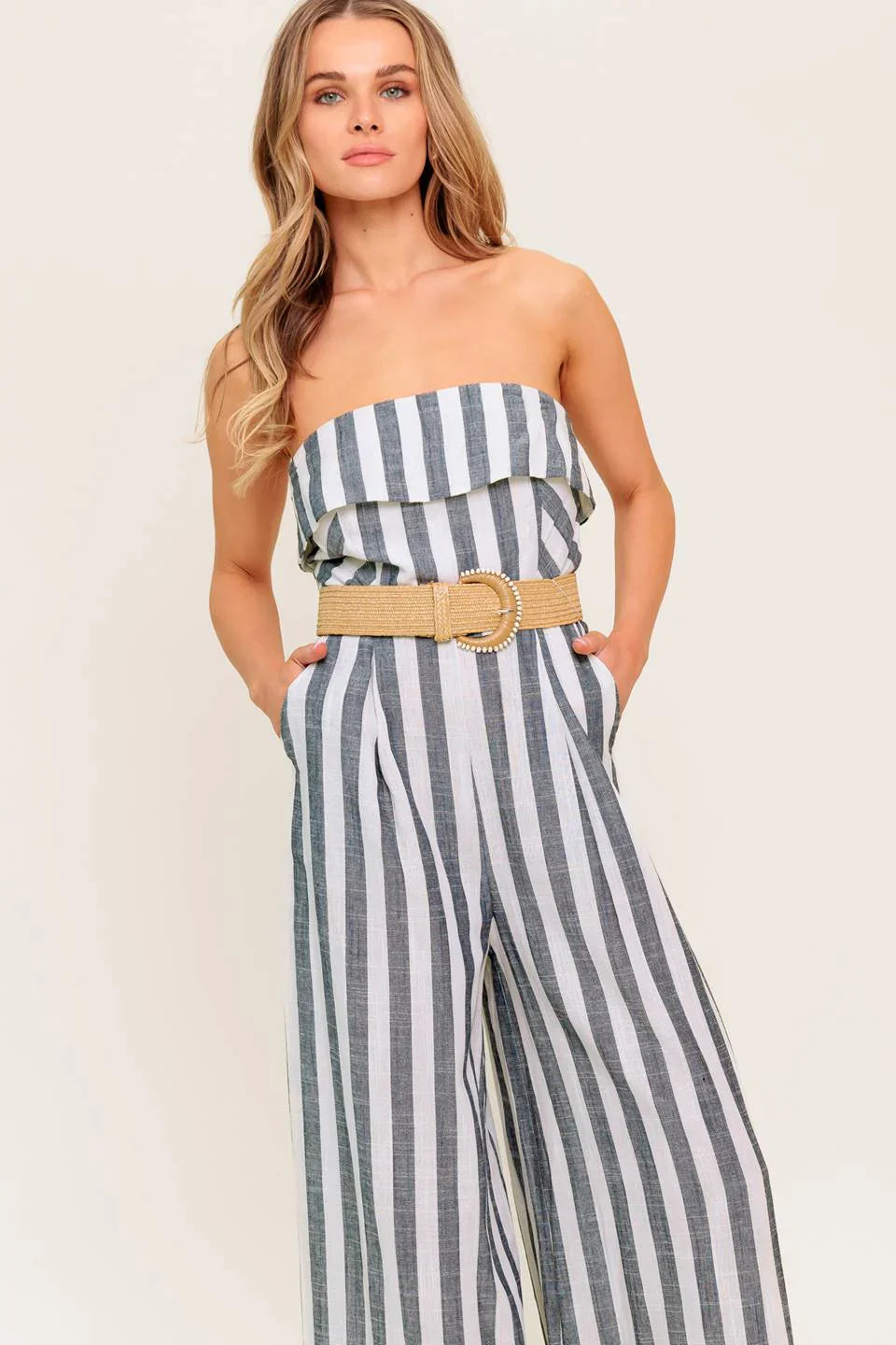 GREER STRAPLESS JUMPSUIT WHITE CHARCOAL STRIPE