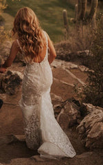 Sexy Mermaid V neck Lace Sleeveless Wedding Dress with Sweep Train Simple Elegant Ethereal Country Garden
