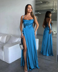 A Line Cowl Neck Blue Silk Satin Bridesmaid Dresses with Slit