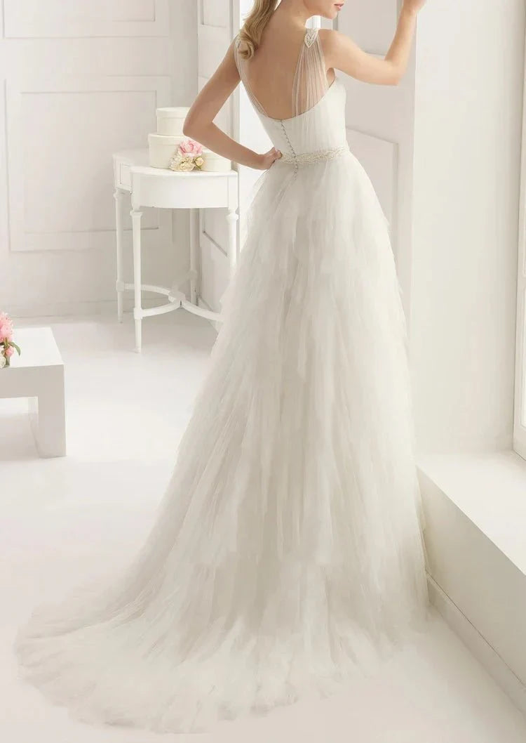 Stunning Top ruched Layered Gown With Beaded Tulle Straps