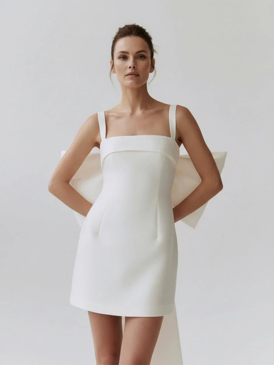 Square Neck White Satin Short Wedding Dress with Bow Back and Veil