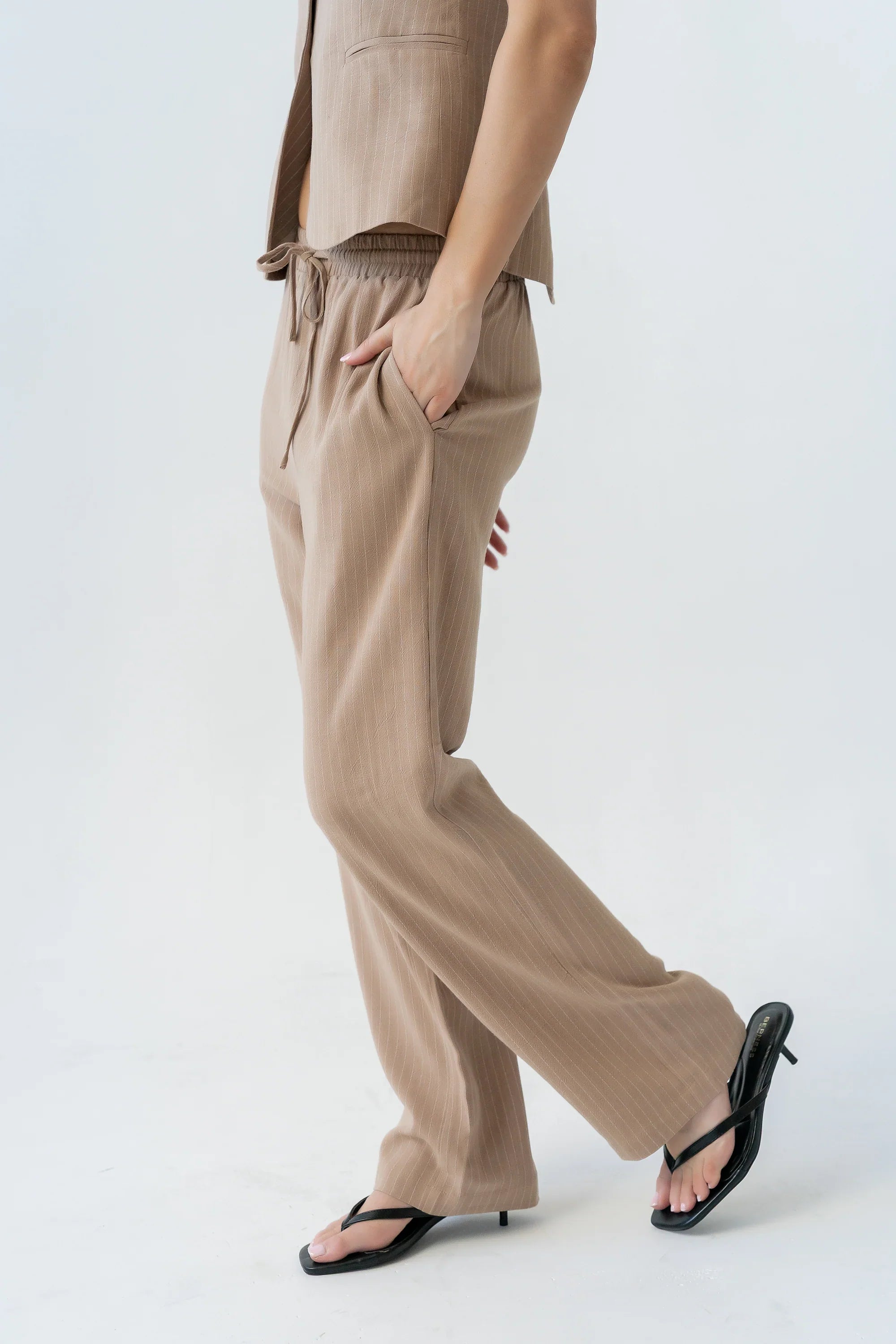 Vivienne Pinstripe Wide Leg Pants in Tan