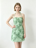Halter Green Leaf Sequin Mini Bodycon Dress
