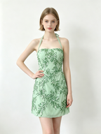 Halter Green Leaf Sequin Mini Bodycon Dress
