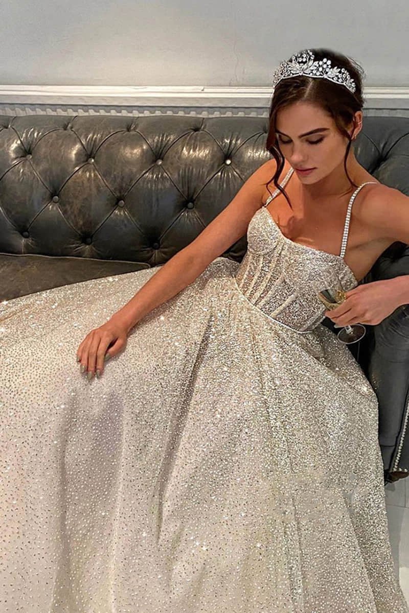 Spaghetti Straps Sequins A line Sparkly Wedding Dress Bridal Gown