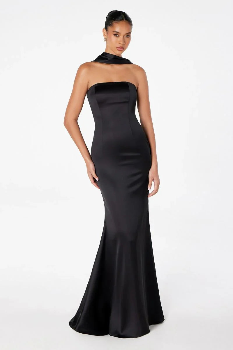 Brynn Maxi Dress Strapless Fitted Satin Dress With Scarf