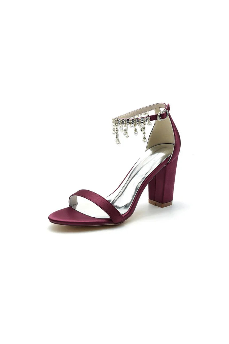 Open Toe Block Heels with Rhinestone Tassel