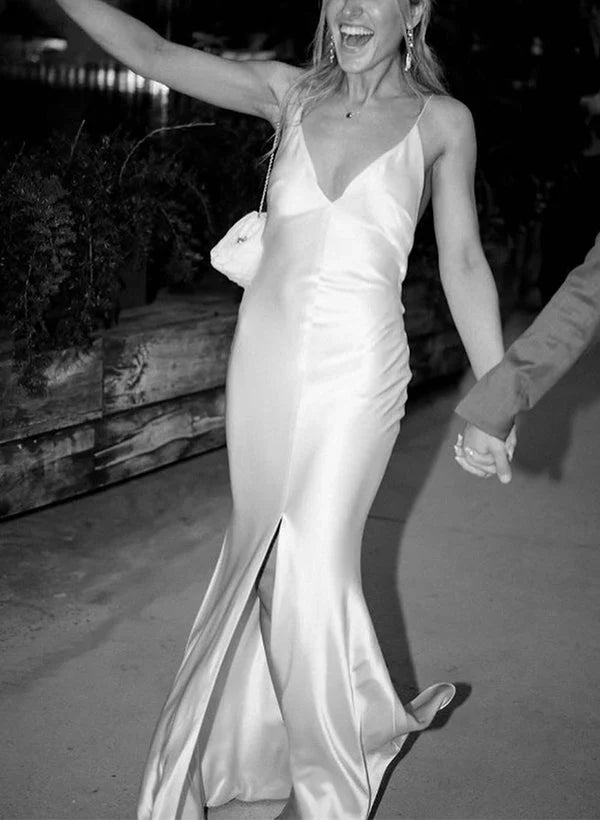 Sheath V Neck Sleeveless Floor Length Wedding Dresses