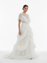 High Split A Line See through Short Sleeves Ruffle Tulle Wedding Dresses