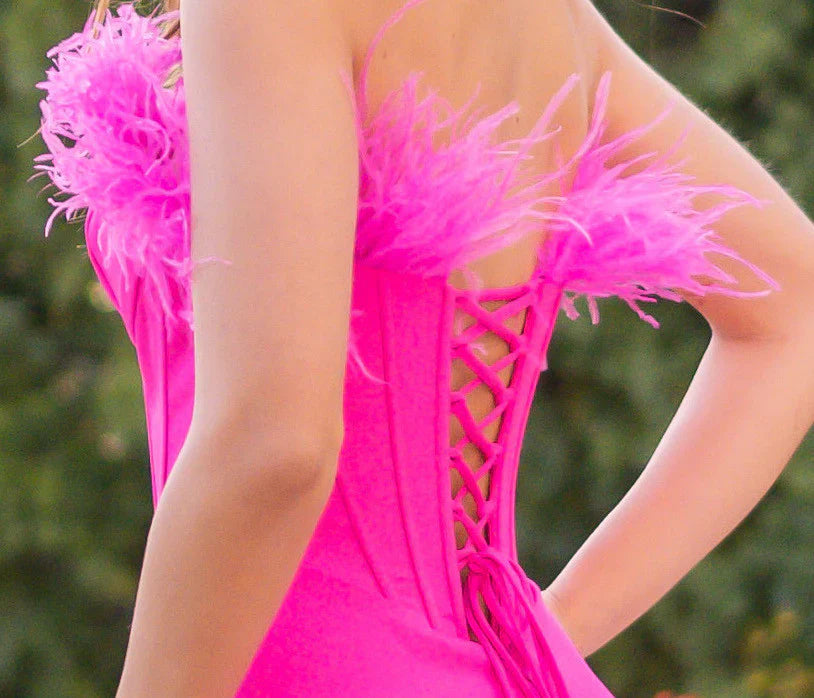 Sloane Corset Gown Hot Pink Feather Trim Dress
