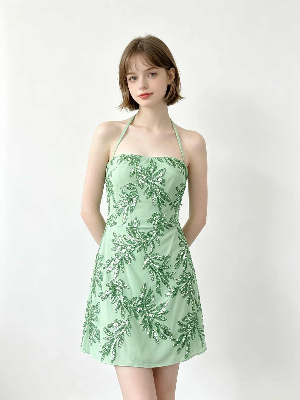Halter Green Leaf Sequin Mini Bodycon Dress