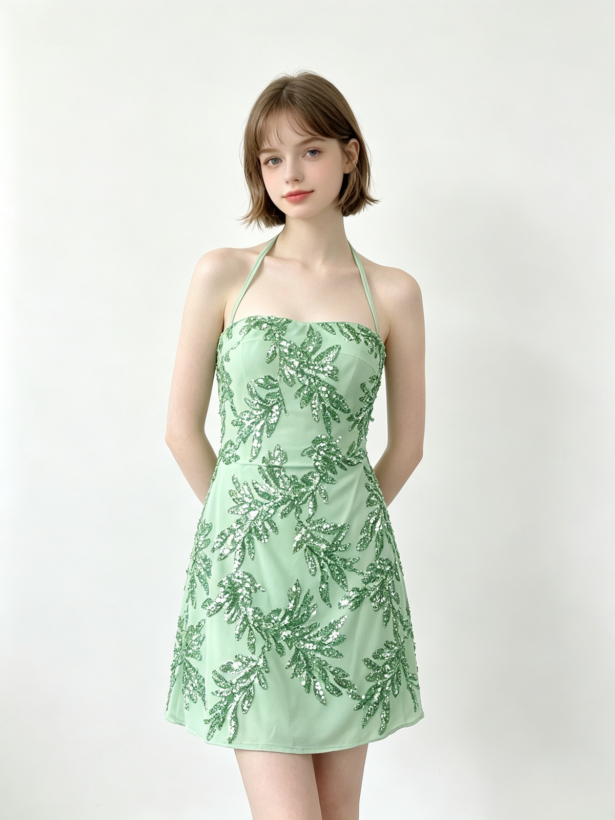 Halter Green Leaf Sequin Mini Bodycon Dress