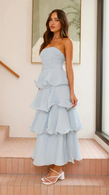 Gabby Maxi Dress Pale Blue Strapless Tiered Dress