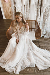A Line Lace Top Flare Sleeves Open Back Wedding Dress