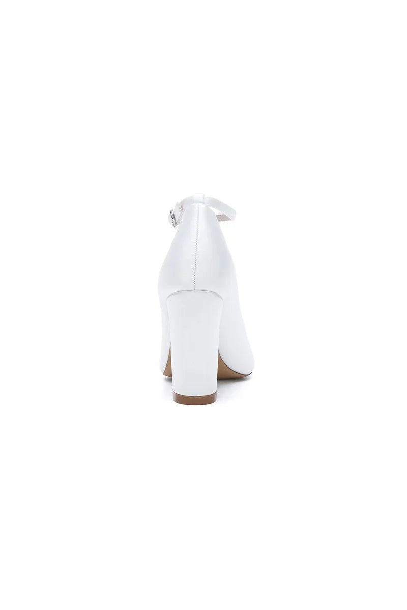 White Leather Pump with Silver Chain and Crystal Accent