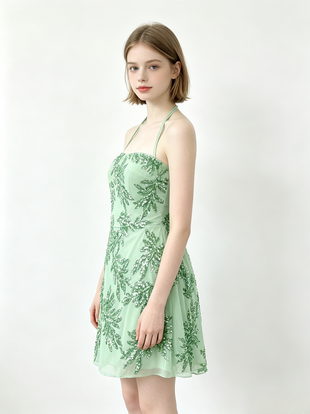 Halter Green Leaf Sequin Mini Bodycon Dress