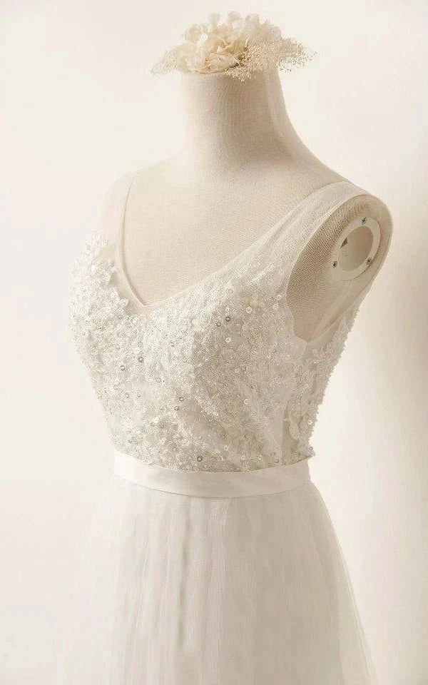A Line Tulle Lace V Neck Wedding Dress With Sweep Train