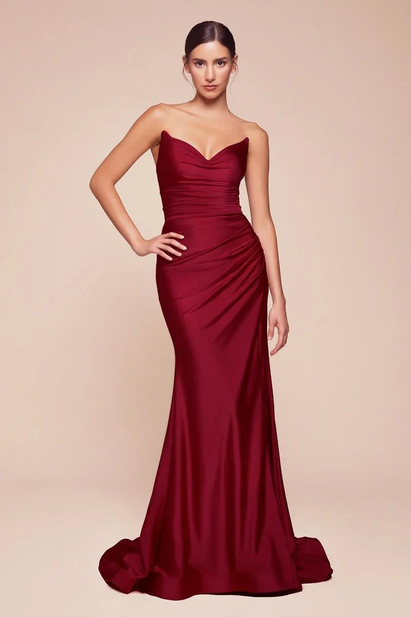 AVA POINTED V NECKLINE GOWN STRAPLESS STRETCH SPANDEX SATIN FITTED DRESS
