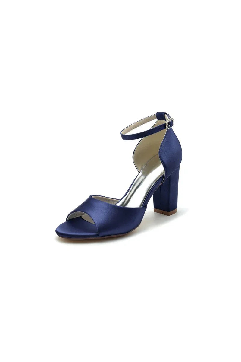 Simple Open Toe Ankle Strap Satin Chunky Heels