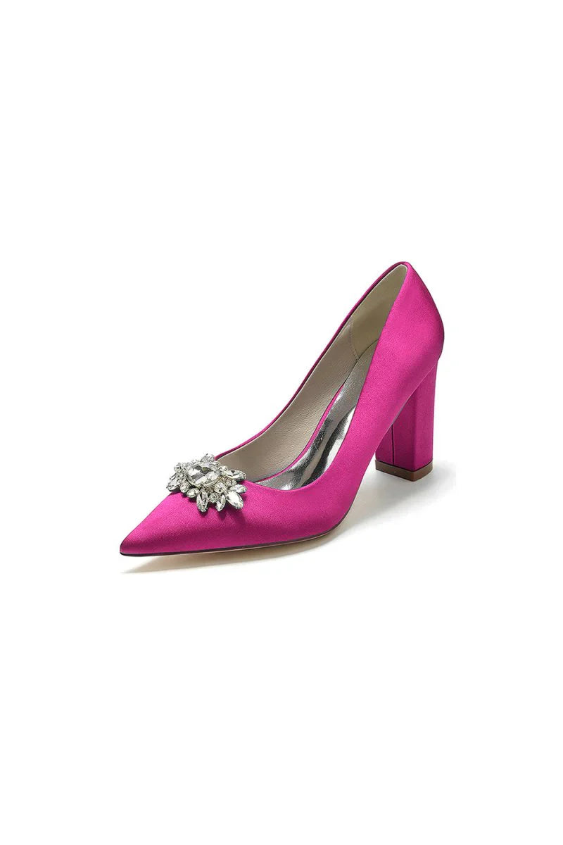 Pointed Toe Chunky Heels with Rhinestone