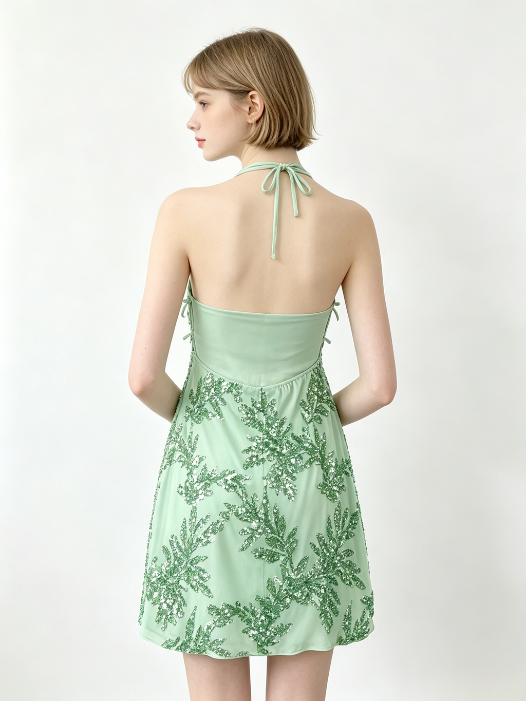 Halter Green Leaf Sequin Mini Bodycon Dress
